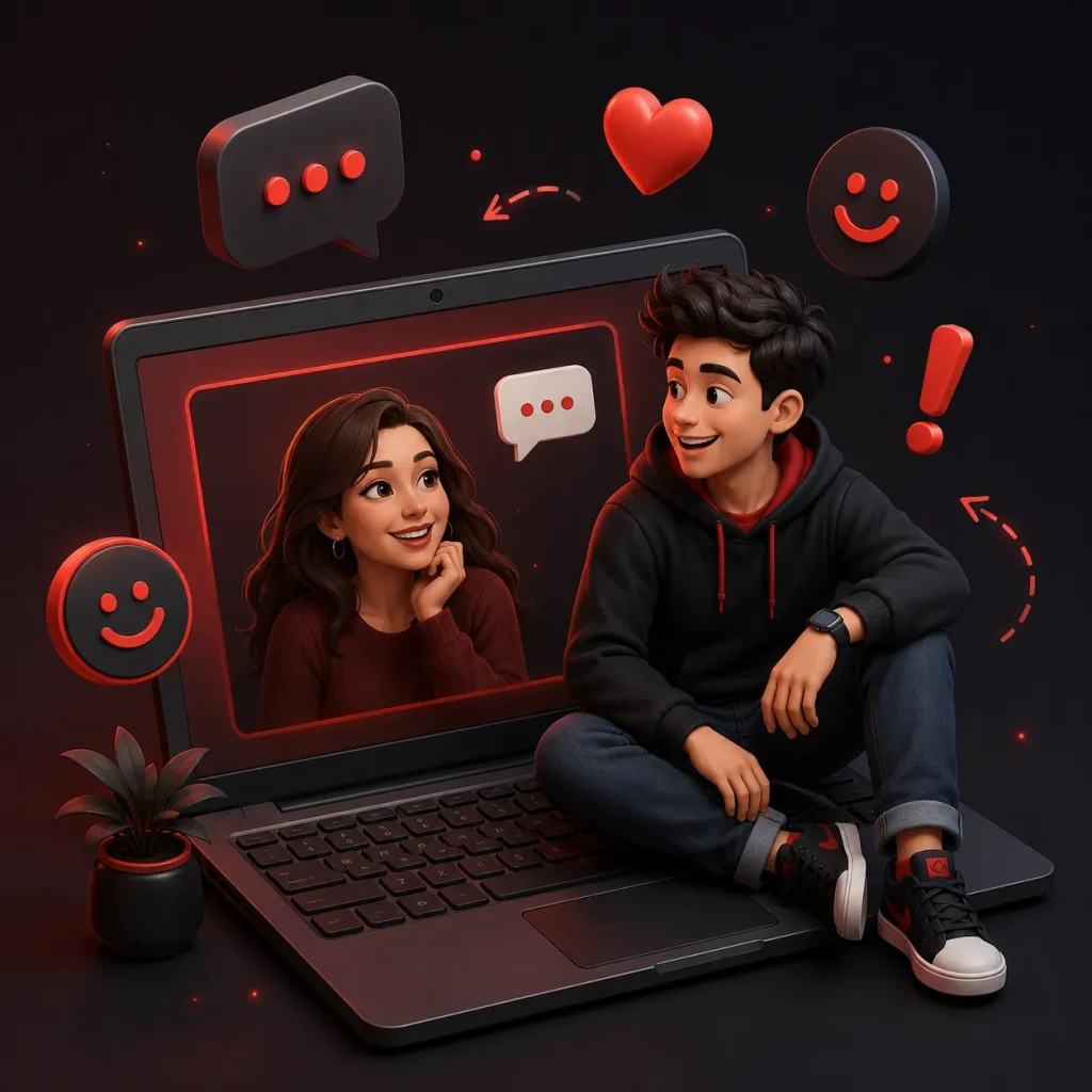 Young man sitting on a laptop keyboard while chatting with a woman through anonymous chat online