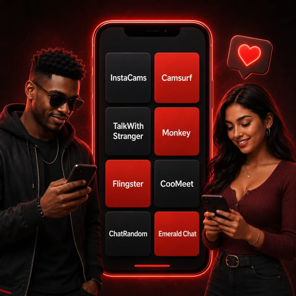 Man and woman using smartphones beside a phone screen showing anonymous chat sites and private chat platform options