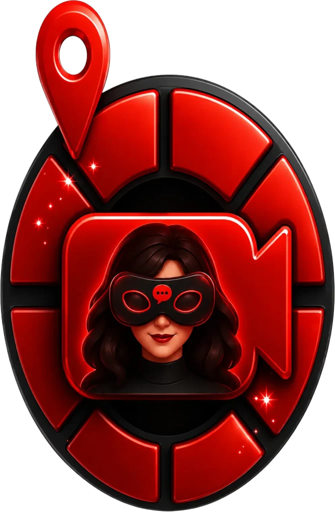 Red and black anonymous video chat icon with a masked woman representing private webcam conversations with strangers online