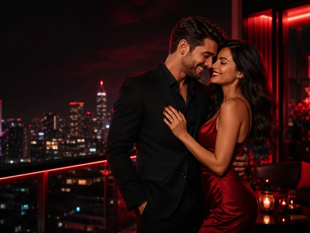 Romantic couple embracing on a city balcony representing dating sites and meaningful online connections