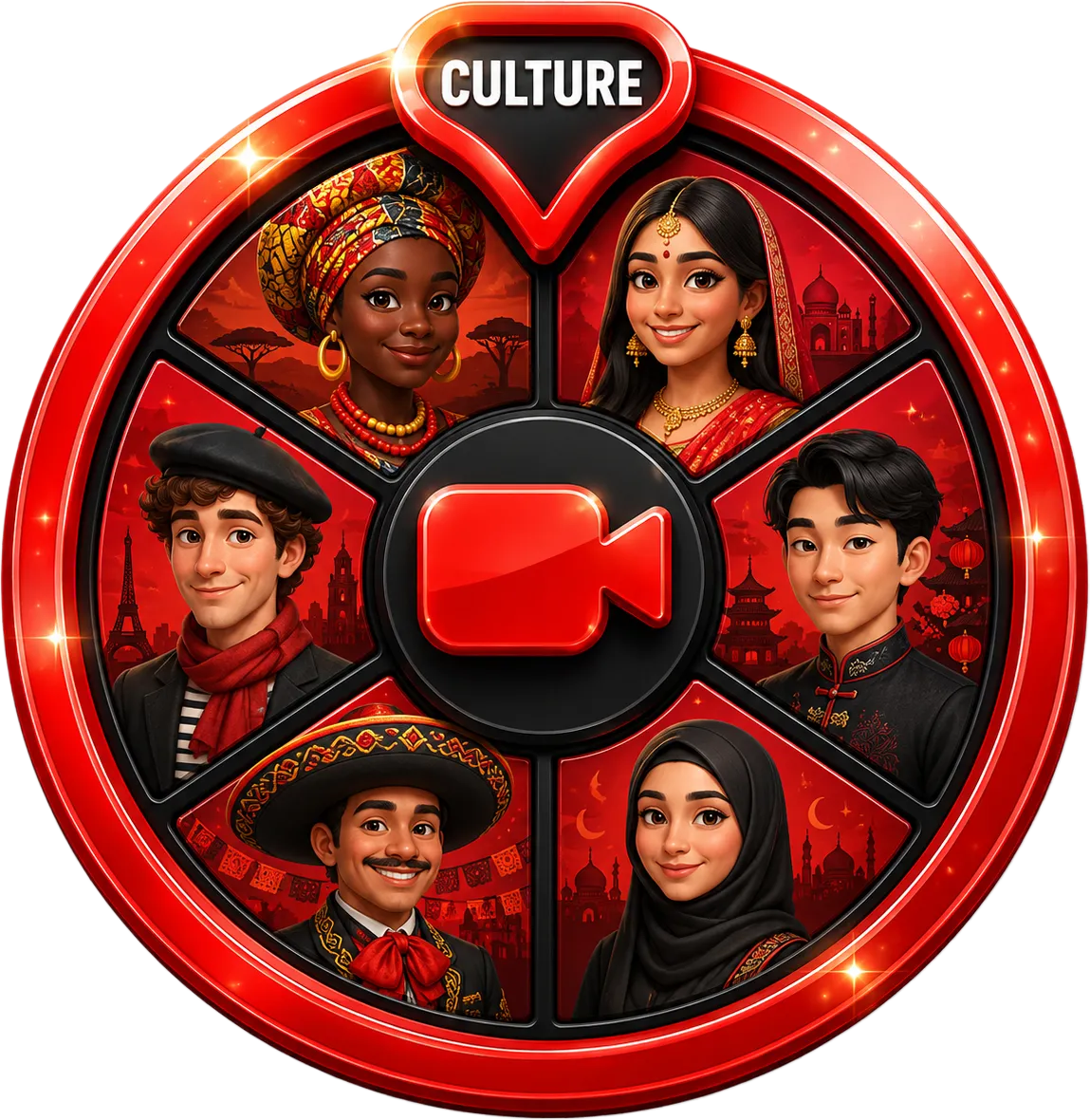 Culture roulette wheel showing people from different backgrounds connecting through random video chat