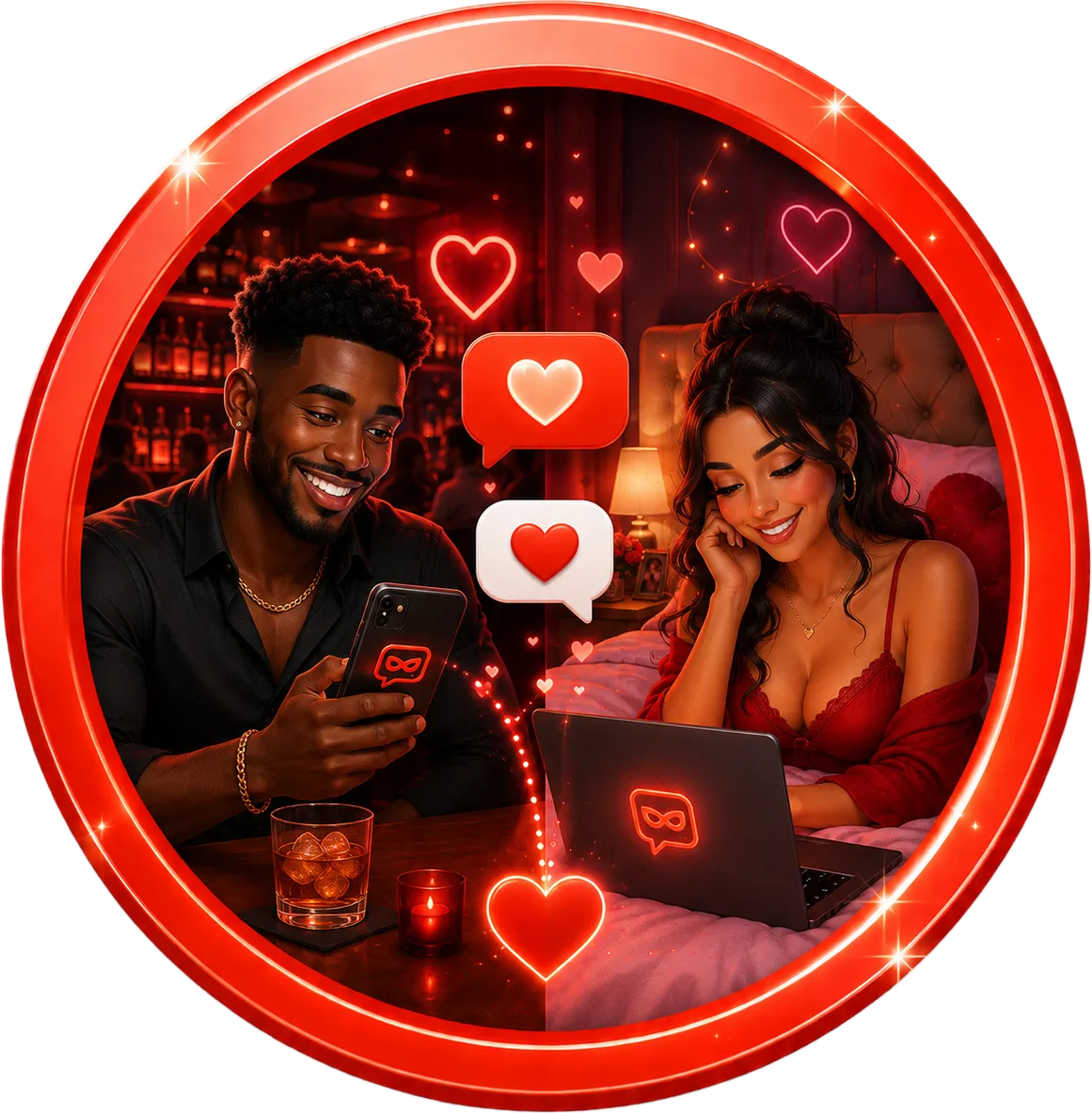 Black man at a bar and woman in her bedroom enjoying a flirty anonymous random chat online