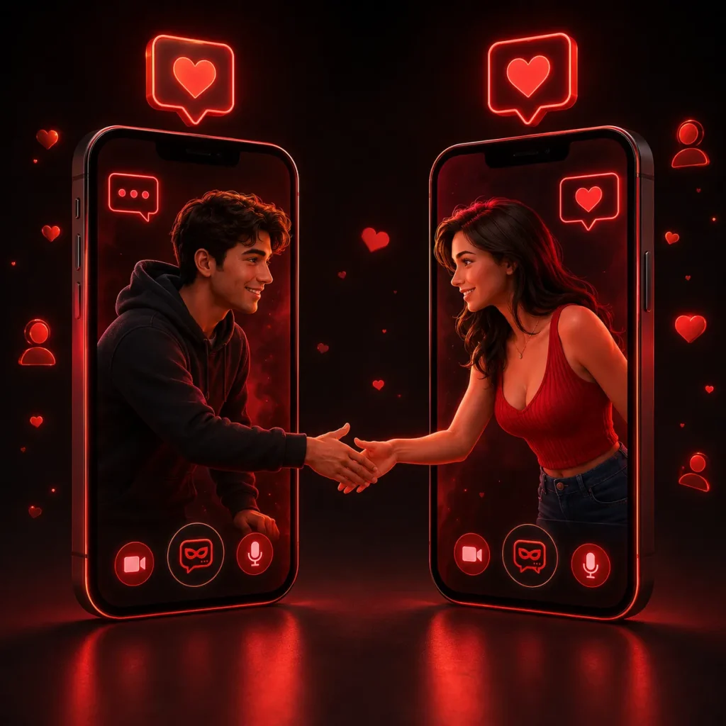 Man and woman connecting through free cam chat on two smartphones with hearts and live chat icons