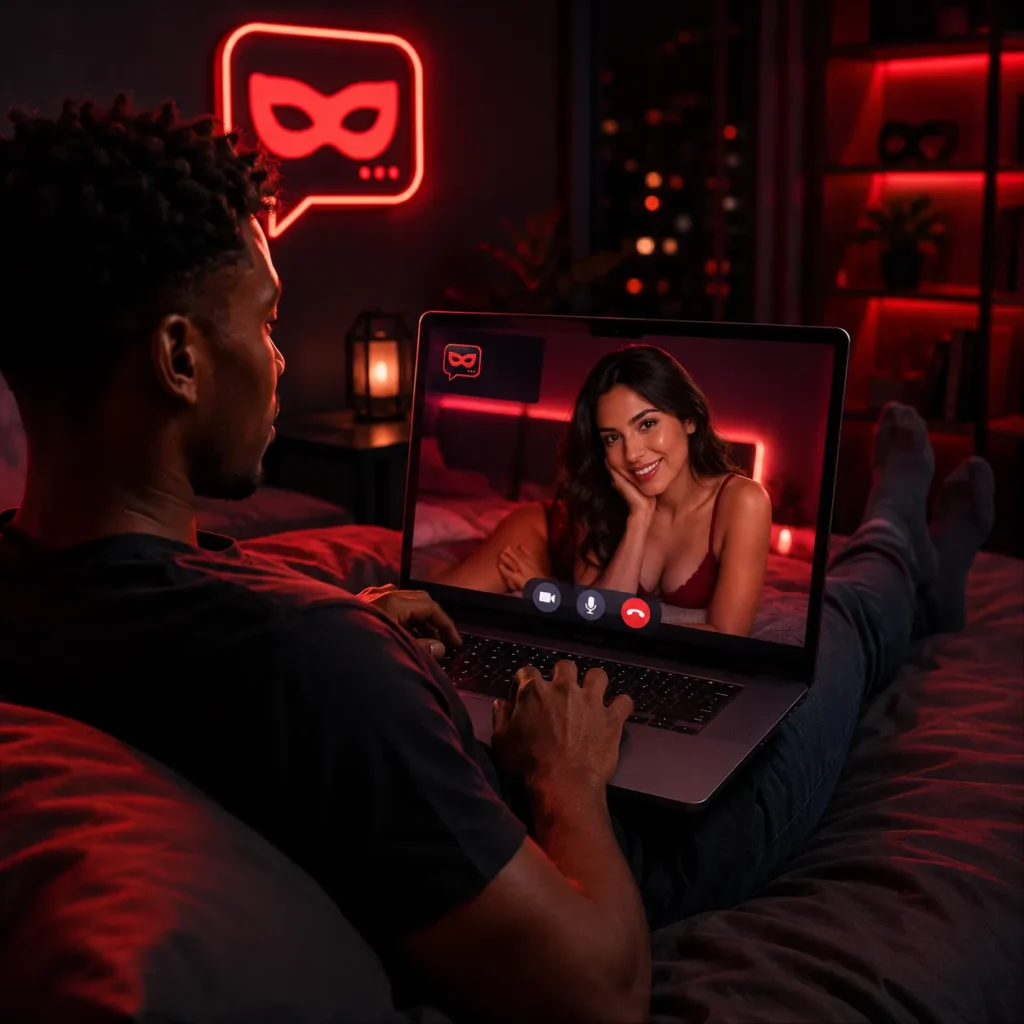 Man using a laptop for free cam chat while talking to a woman in a private video conversation online