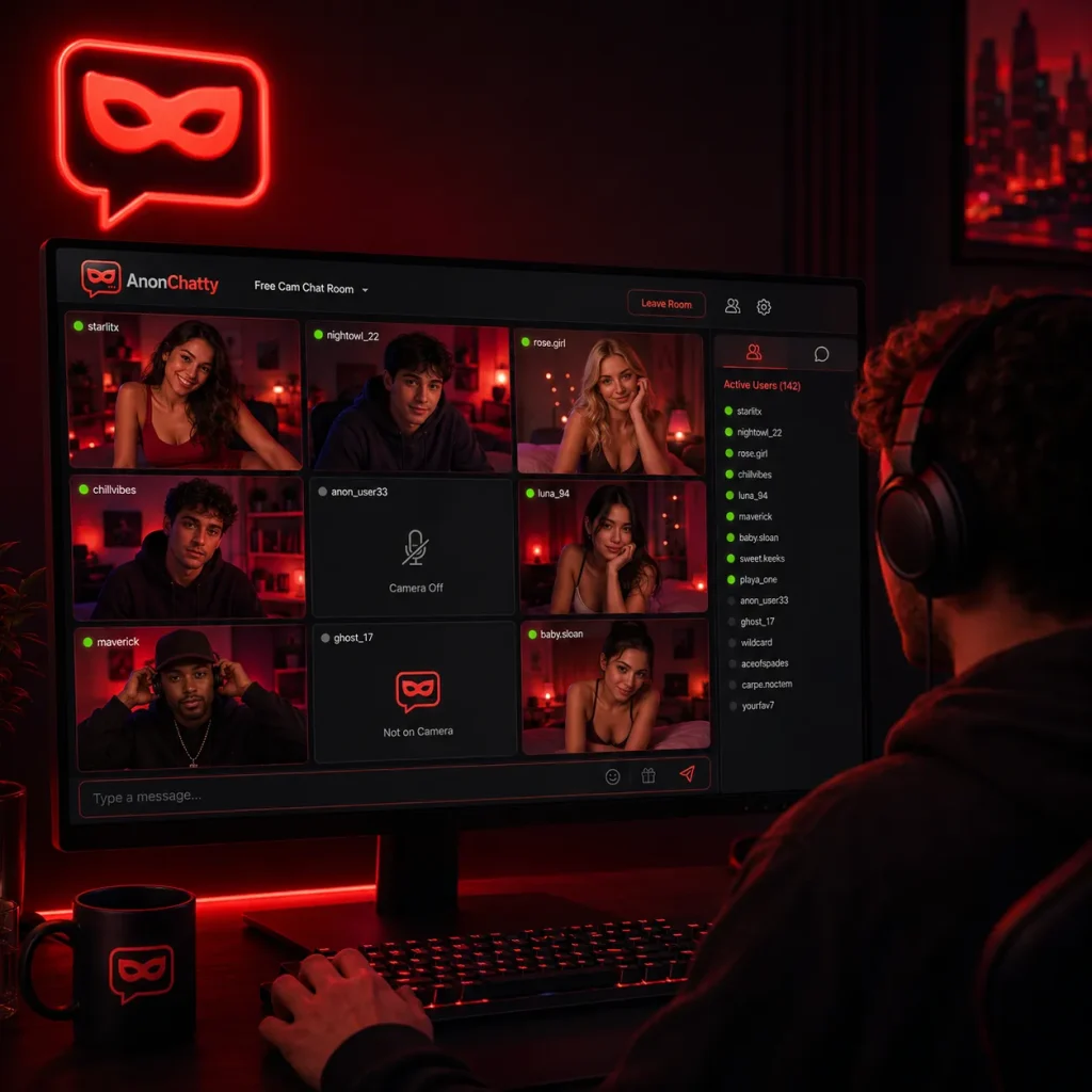 User exploring a free cam chat room on a desktop screen with multiple live stranger chat windows and an active users list