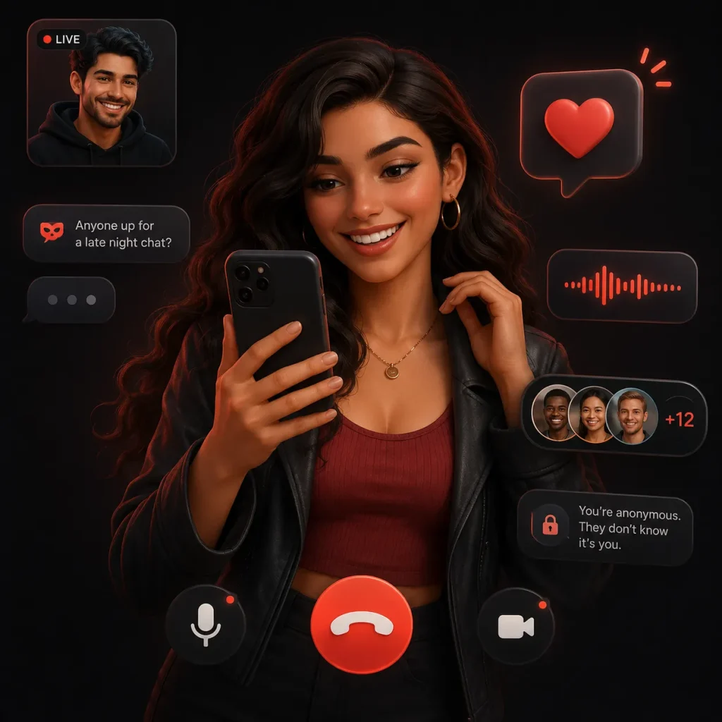 Woman using live anonymous chat online on her smartphone with video call controls and private stranger chat features