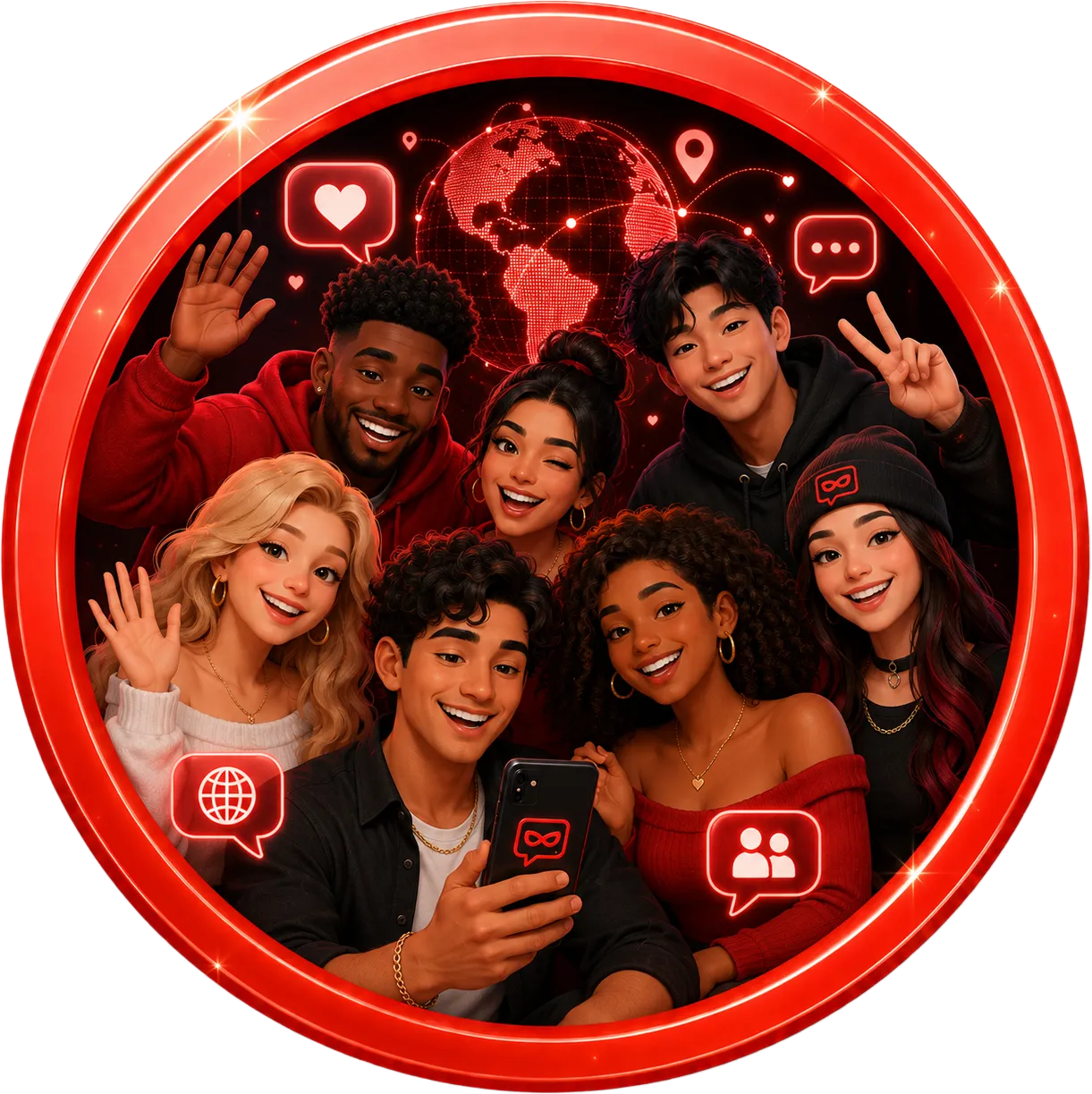 Diverse group of people connecting worldwide through random chat and online conversations with strangers