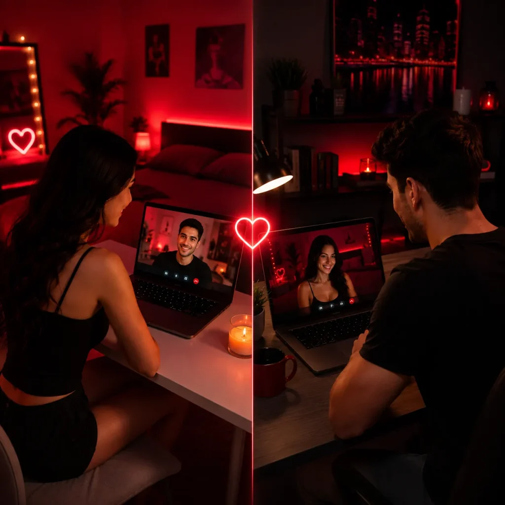 Man and woman enjoying a private one on one cam chat through laptops in separate rooms
