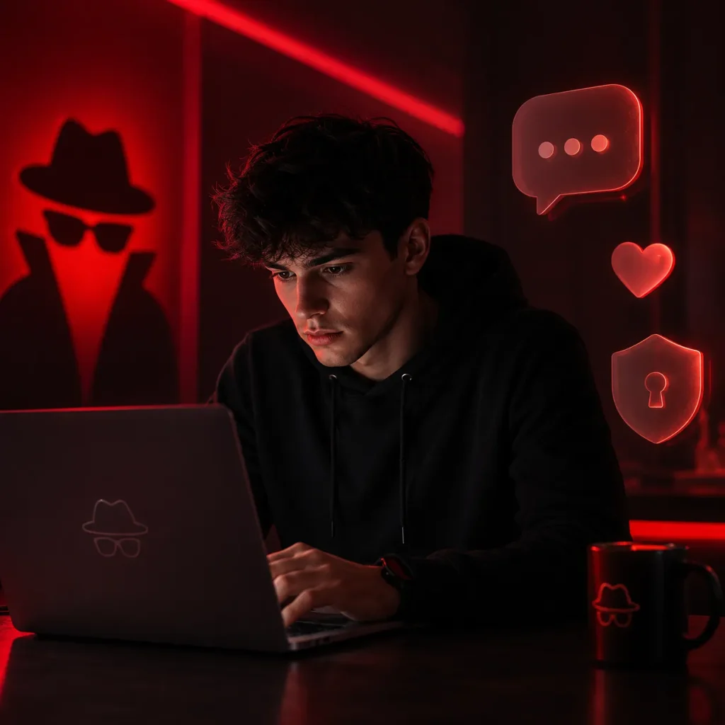 Young man using a laptop in a red-lit room to explore private anonymous chat sites online