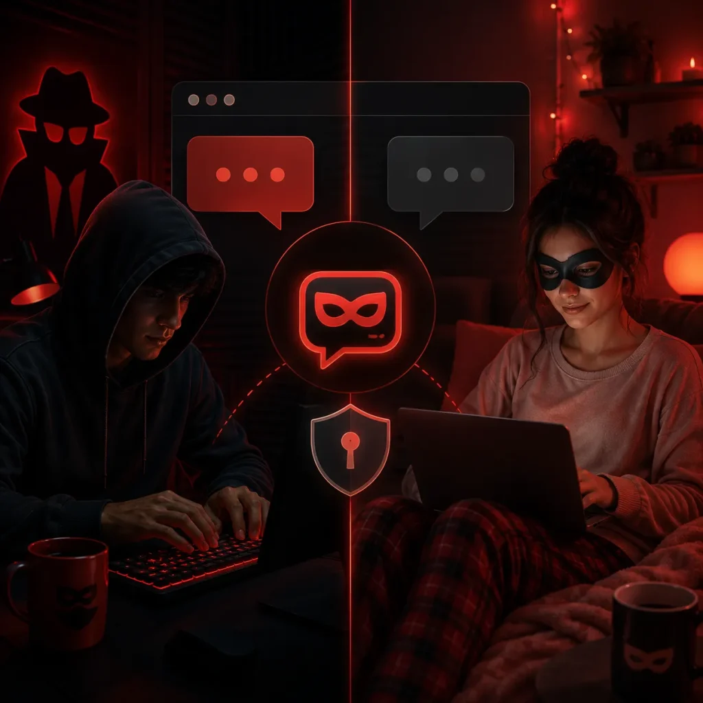 Secure anonymous chat sites concept showing private conversations, masked identity, and protected online connections