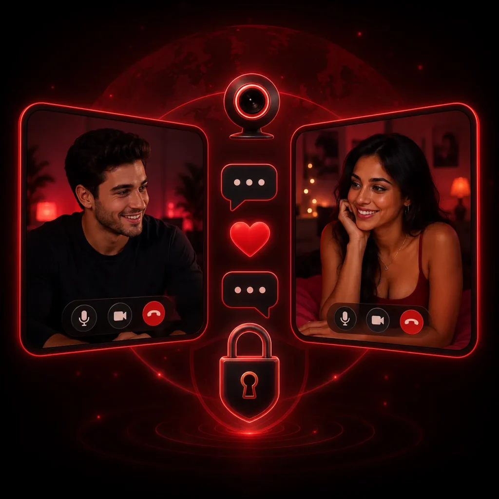 Secure one on one cam chat interface showing two people connecting through a private video call online