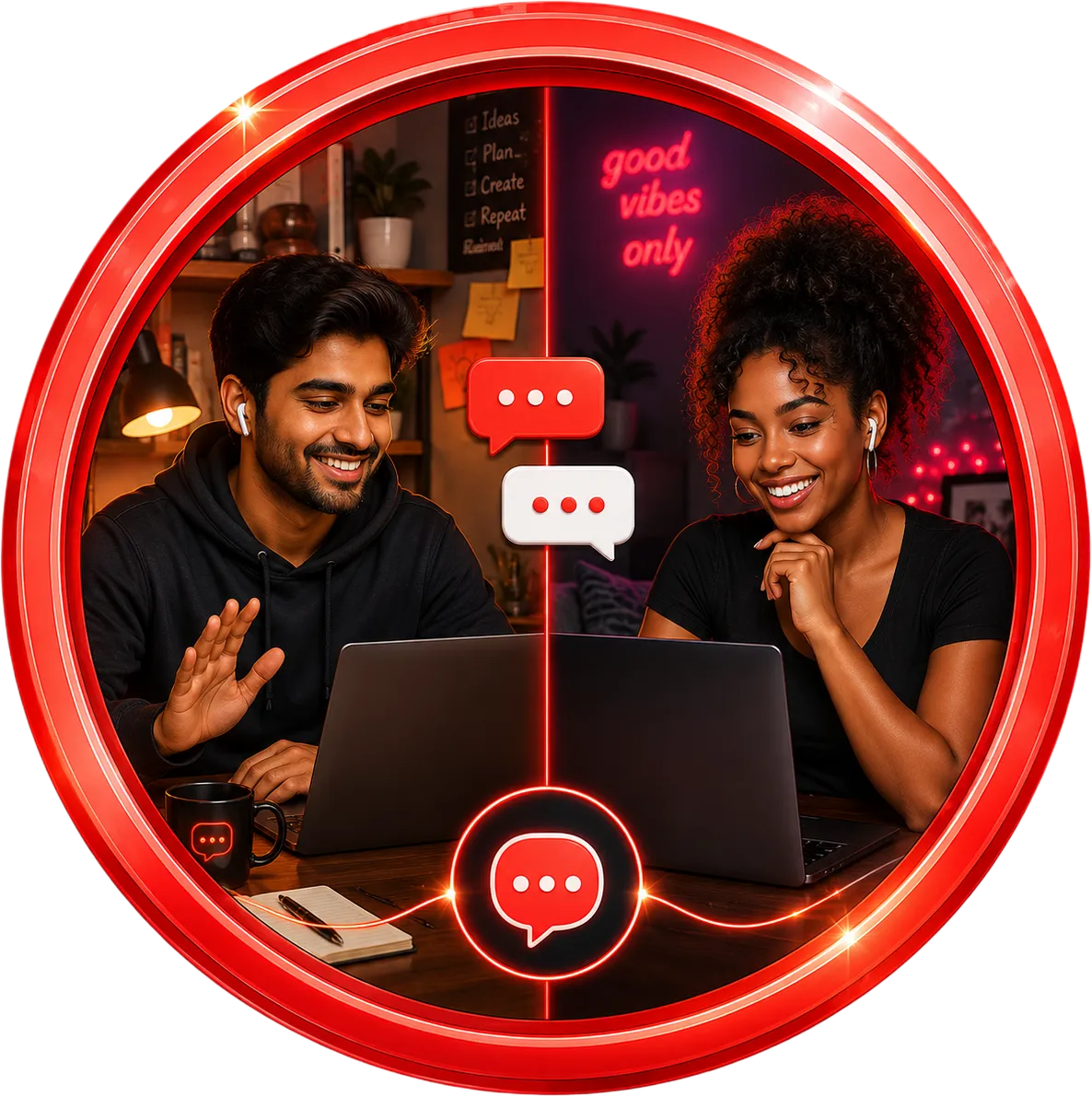 Man and woman using laptops for anonymous chat to talk to strangers online more freely