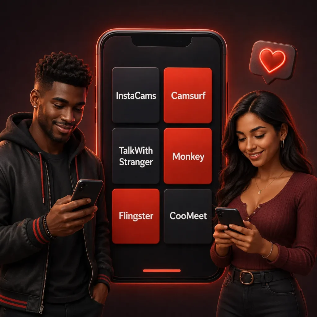 Man and woman comparing random video chat platforms on a smartphone to talk to strangers anonymously online
