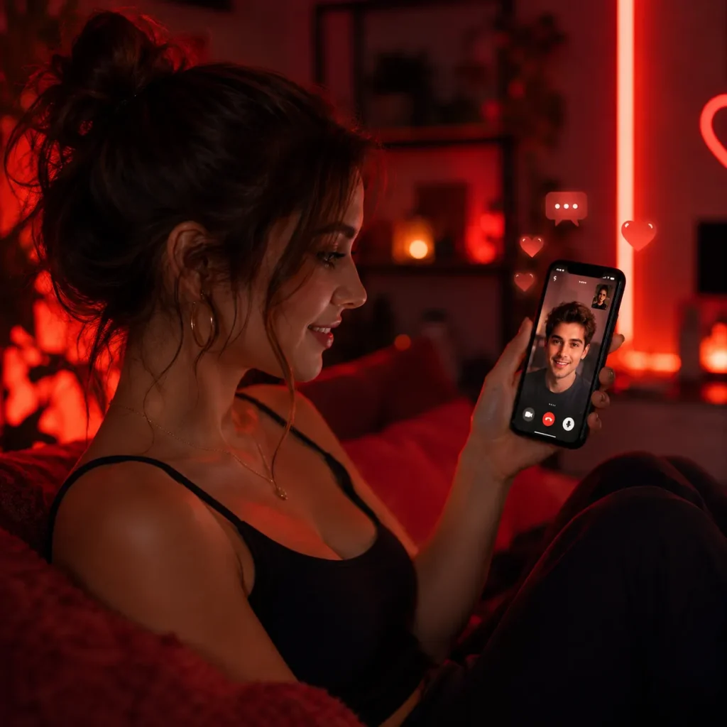 Woman relaxing in a red-lit room while enjoying a private video call with a male stranger on her smartphone