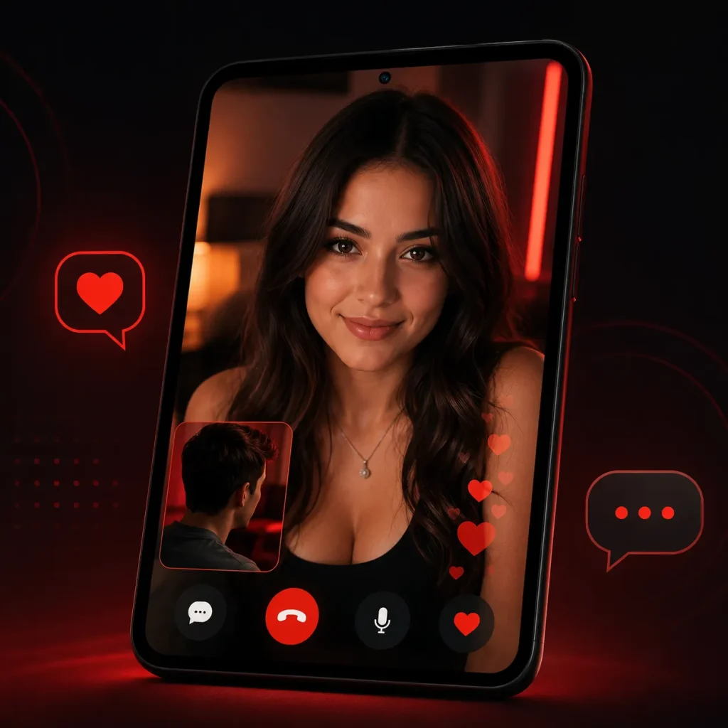 Video chat girls interface showing a brunette woman on a smartphone during a private call with a male stranger online